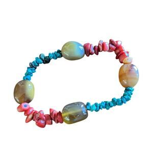 Turquoises, Coral and Stone Elasticized Bracelet Earthy Natural Stretch